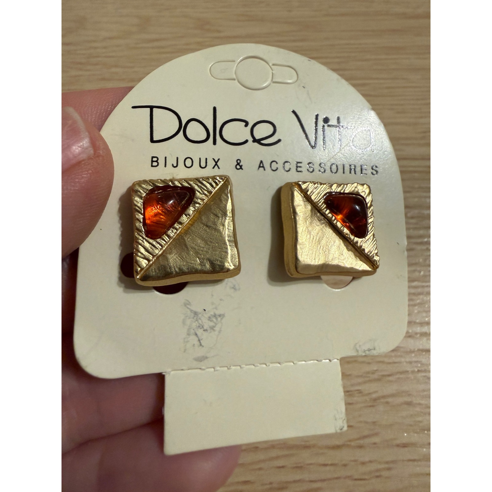 Dolce Vita Vintage Gold Tone Square Clip On Earrings Amber Stone Geometric